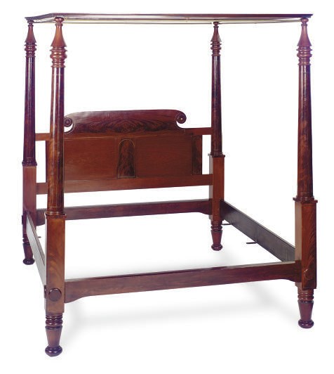 A BRASS-INLAID MAHOGANY FOUR-POSTER BED,