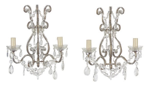 A PAIR OF GILT-METAL, CUT-GLASS AND BEADED TWO-BRANCH WALL LIGHTS,