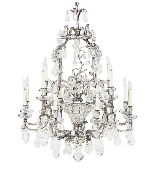 A SILVERED-METAL, CUT-GLASS AND ROCK CRYSTAL TWELVE-LIGHT CHANDELIER,