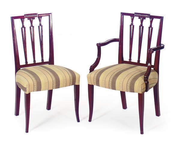 A SET OF SIX MAHOGANY DINING CHAIRS,