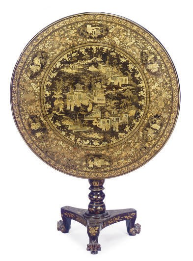 A CHINESE EXPORT BLACK, GILT AND SCARLET-LACQUER TILT-TOP TABLE,