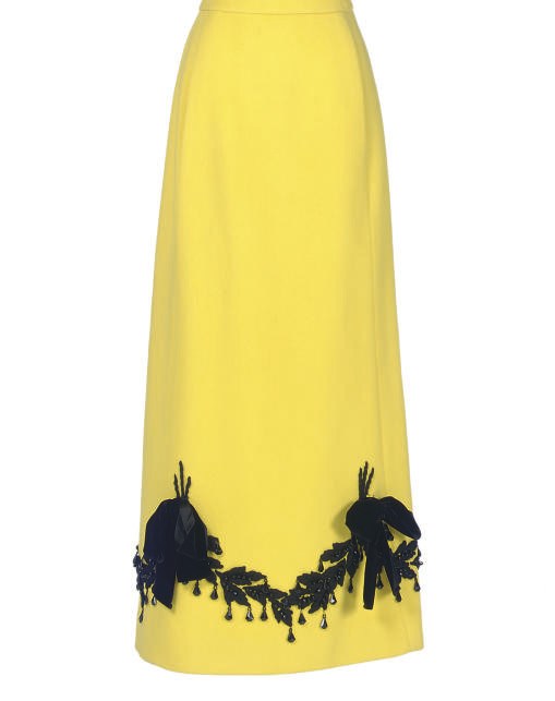 A BALENCIAGA FOR HARRODS YELLOW WOOL AND BLACK VELVET BOW EVENING SKIRT,