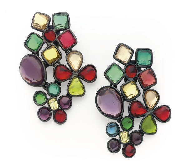 A PAIR OF YVES SAINT LAURENT 'MOSAIC' STYLE MULTI-COLOR GLASS STONE EAR-CLIPS,
