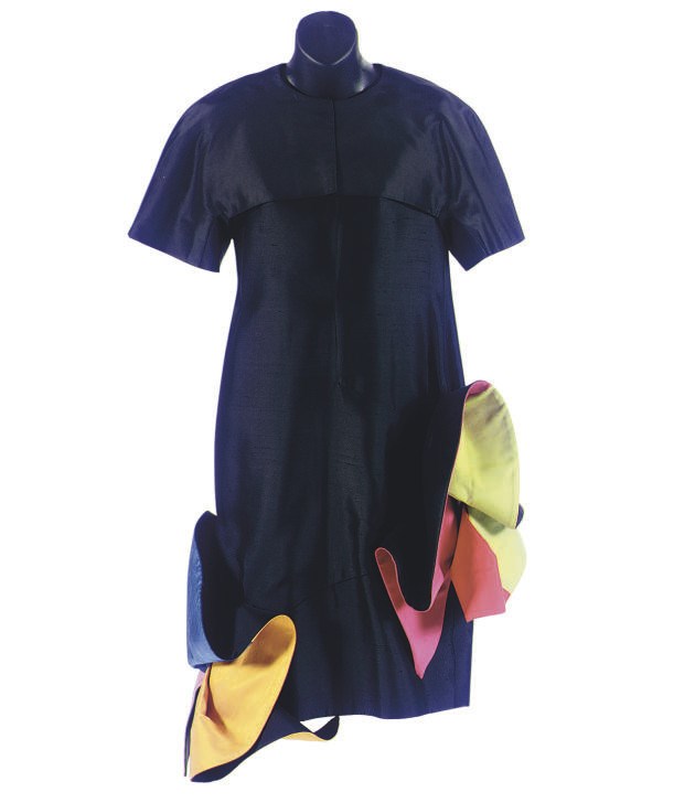 A ROBERTO CAPUCCI BLACK SILK COCKTAIL DRESS WITH TAFFETA MULTI-COLOR FLARED FLAMENCO-STYLE HEM,