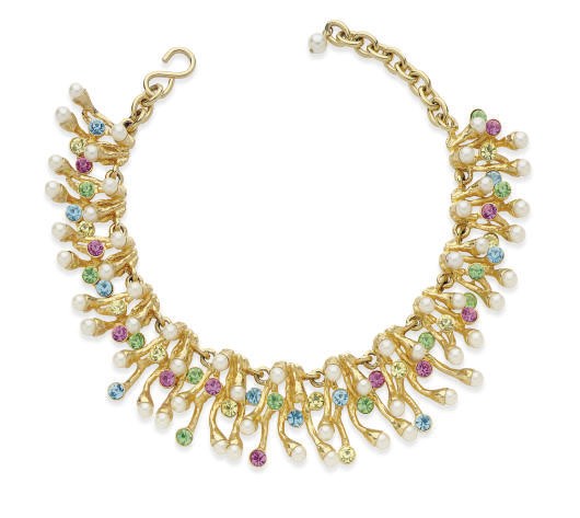 A GOLD-TONE METAL, FAUX PEARL, AND MULTI-COLOR RHINESTONE TWIG CHOKER