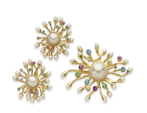 A LES BERNARD GOLD-TONE METAL, FAUX PEARL, AND MULTI-COLOR RHINESTONE 'TWIG' BROOCH AND A PAIR OF EAR-CLIPS