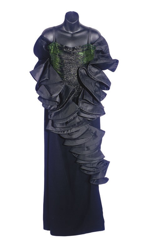 A ROBERTO CAPUCCI TAFETTA, WOOL, AND GREEN AND BLACK BEADED 'MERMAID' STYLE EVENING GOWN,