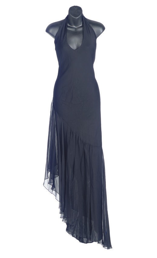 A HALSTON BLACK CHIFFON HALTER-NECK EVENING GOWN,