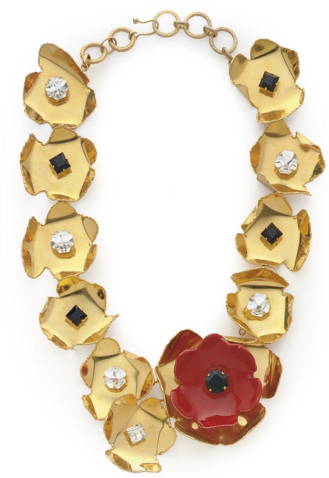 AN YVES SAINT LAURENT GOLD-TONE METAL, CRYSTAL STONE, AND RESIN CUT-OUT FLORAL-FORM NECKLACE,
