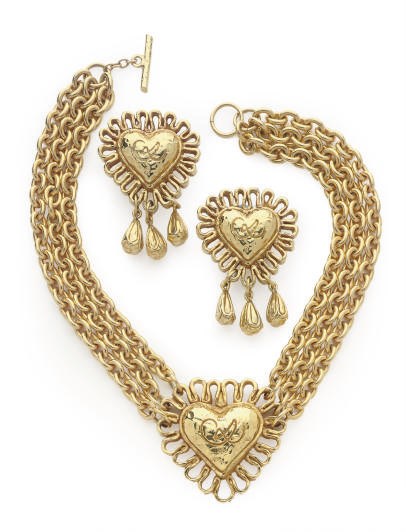 A CHRISTIAN LACROIX GILT-METAL TRIPLE-CHAIN HEART NECKLACE WITH MATCHING EAR-CLIPS,