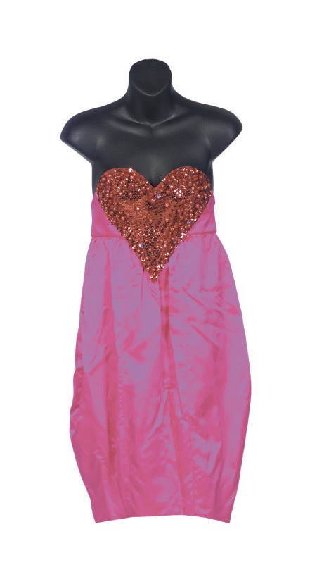 A THIERRY MUGLER HOT PINK SATIN, BEADED AND SEQUINED RED HEART COCKTAIL DRESS,