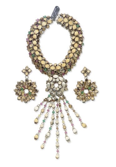 A PACO RABANNE METAL AND MULTI-COLOR BEADED CHOKER AND MATCHING DANGLE-DROP EAR-CLIPS,