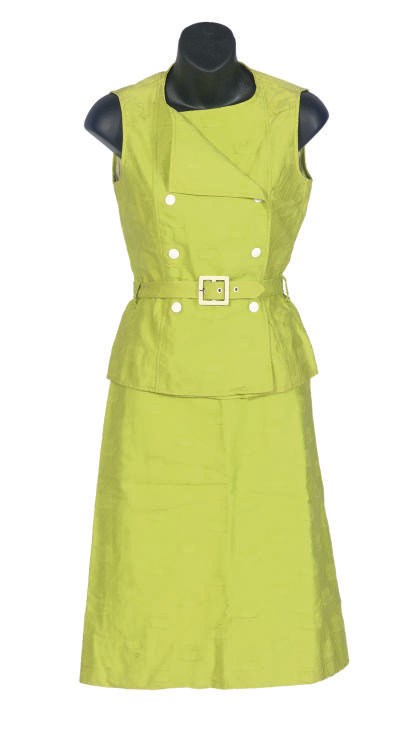 AN ANDRE COURREGES LIME GREEN COTTON TWO-PIECE DAY DRESS,