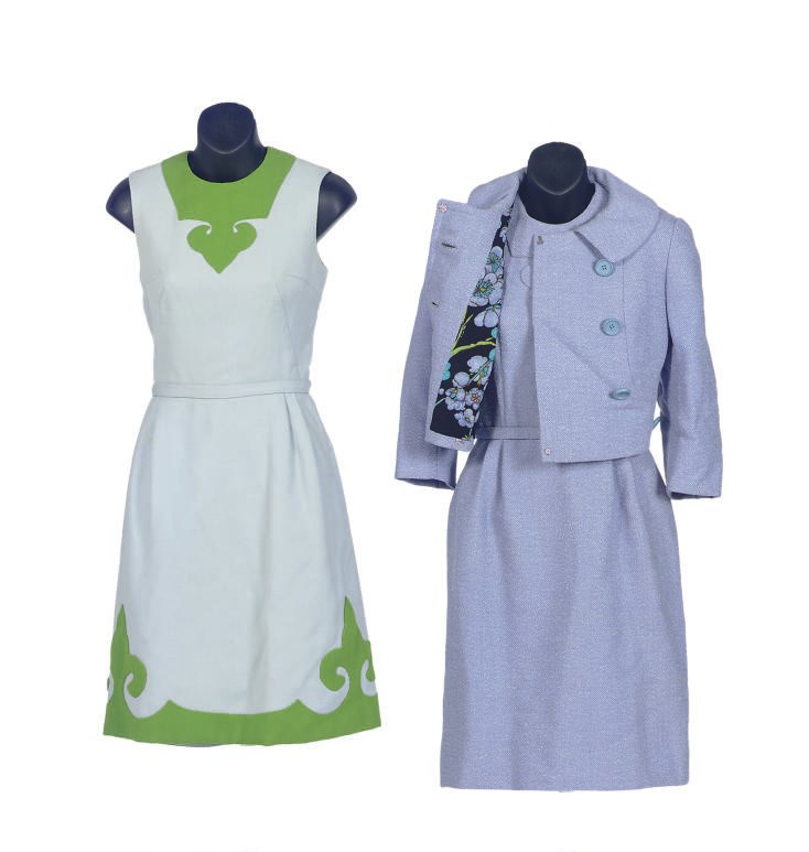 AN A LA CARTE PERIWINKLE AND AQUA WOOL SLEEVELESS DRESS AND JACKET DAY ENSEMBLE,