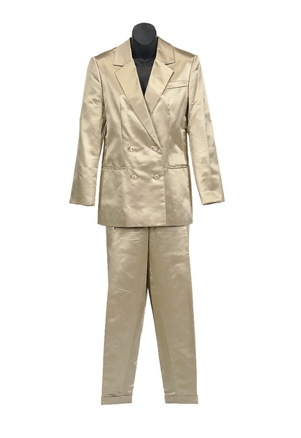 A CHRISTIAN DIOR CHAMPAGNE SILK SATIN EVENING SUIT AND WHITE SILK BLOUSE,