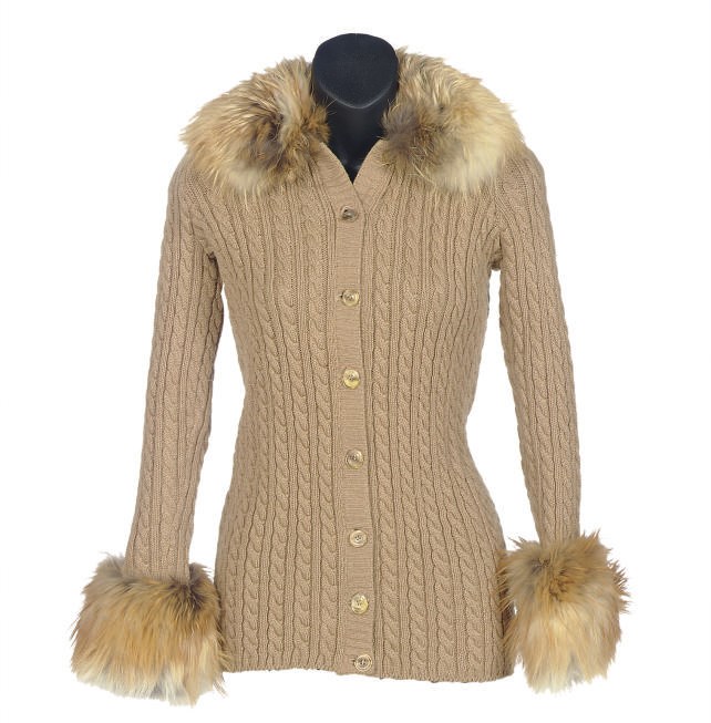 AN YVES SAINT LAURENT RIVE GAUCHE CAMEL CABLE KNIT AND FOX FUR SWEATER JACKET,