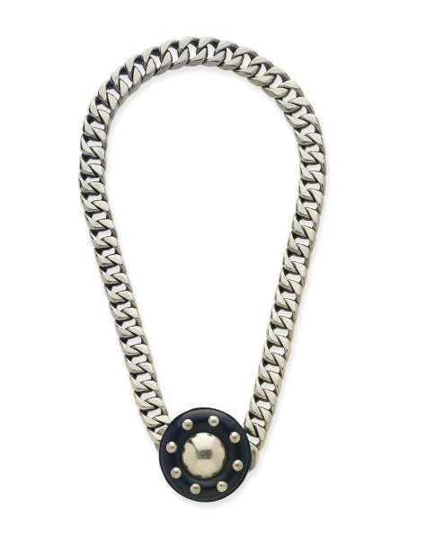 AN YVES SAINT LAURENT METAL CHAIN LINK AND BLACK LEATHER MEDALLION NECKLACE,
