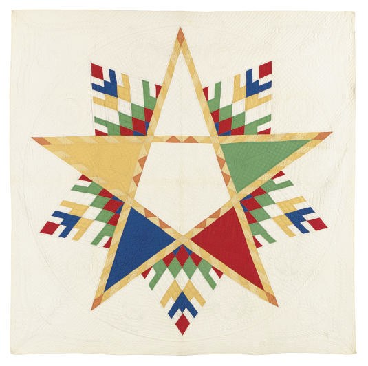 A MASONIC PIECED AND QUILTED COTTON COVERLET,