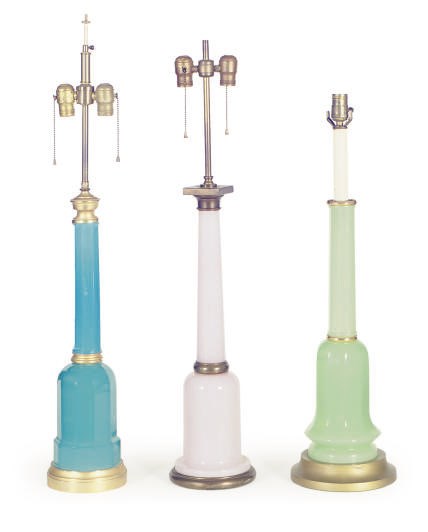 THREE COLORED GLASS TABLE LAMPS,