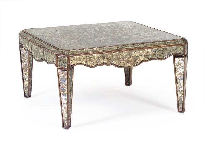 A GILT-DECORATED AND MIRRORED COFFEE TABLE,