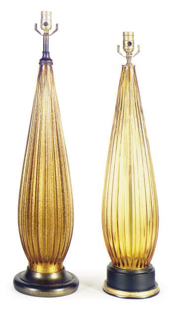 TWO GOLD GLASS TABLE LAMPS,
