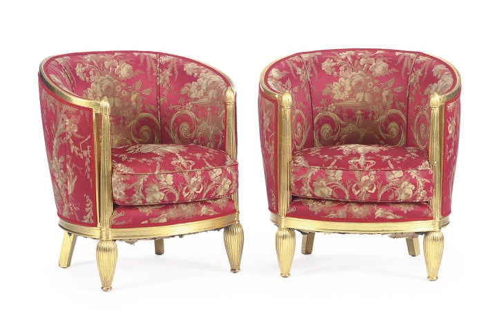 A PAIR OF GILTWOOD AND RED AND GOLD-UPHOLSTERED BERGERES,