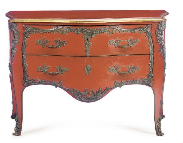 A RED-PAINTED, PARCEL-GILT AND ENAMELED METAL MOUNTED COMMODE,