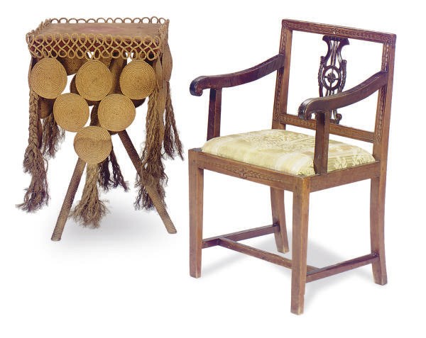 AN ENGLISH WALNUT OPEN ARMCHAIR,