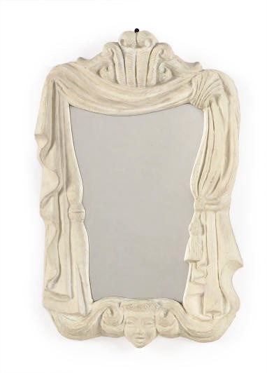 A PAINTED PLASTER MIRROR,