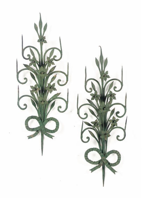 A PAIR OF GREEN ENAMELED METAL SCONCES,