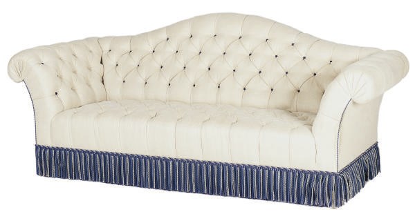A PAIR OF BUTTON-TUFFTED OATMEAL TWILL-UPHOLSTERED CAMELBACK SOFAS,