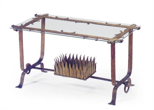 A GILT-METAL AND GLASS COFFEE TABLE,