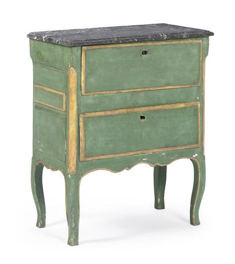 AN ITALIAN GREEN-PAINTED AND PARCEL-GILT MARBLE TOP BEDSIDE TABLE,