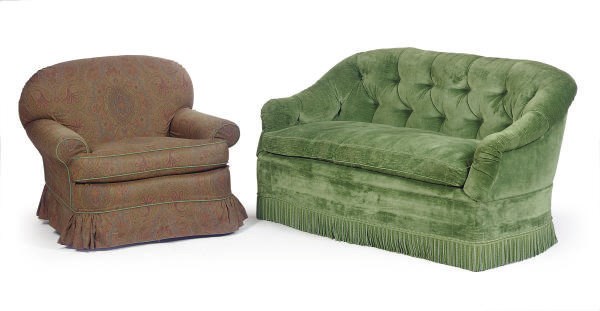 A GREEN VELVET LOVESEAT SOFA,