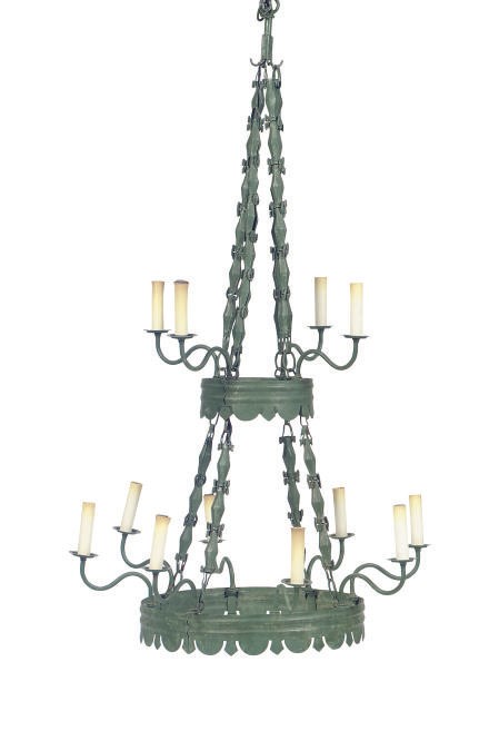 A GREEN ENAMELED METAL TWELVE-LIGHT CHANDELIER,