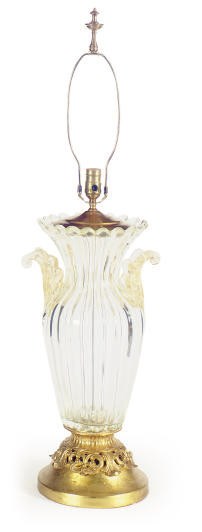 A GILT-METAL MOUNTED GLASS TABLE LAMP,