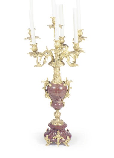 A FRENCH ORMOLU AND ROUGE MARBLE SEVEN-LIGHT CANDELABRUM,
