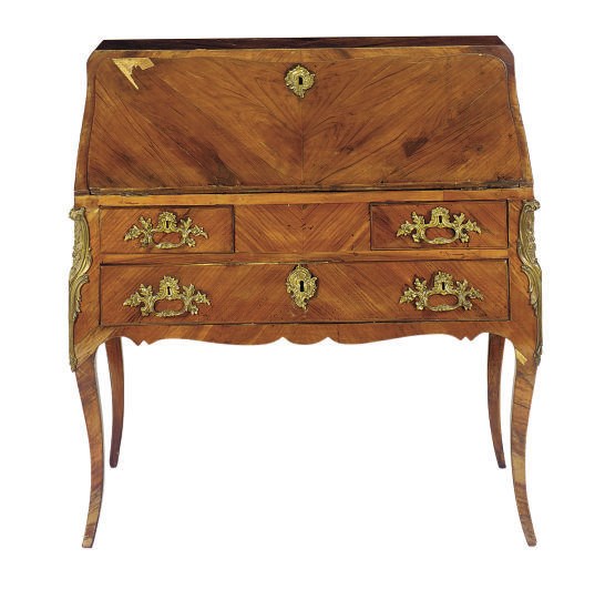 A LOUIS XV PROVINCIAL GILT-BRONZE MOUNTED WALNUT BUREAU DE DAME,