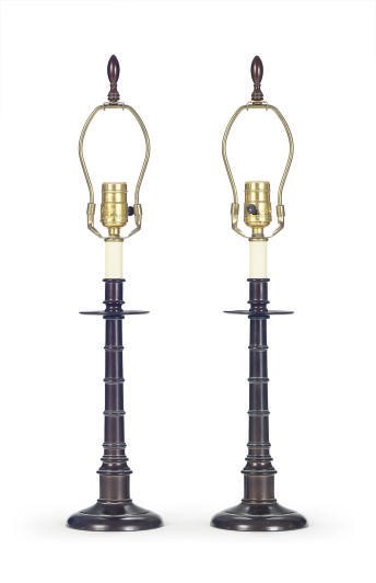 A PAIR OF PATINATED METAL TABLE LAMPS,