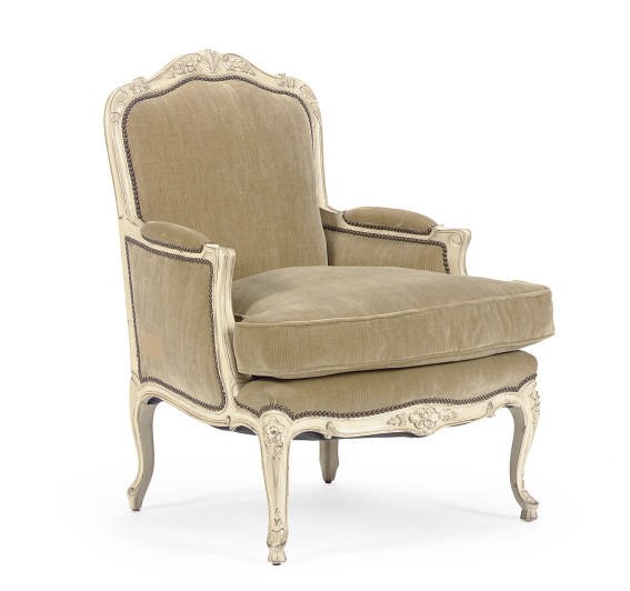 A CREAM-PAINTED AND VELVET UPHOLSTERED BERGERE,