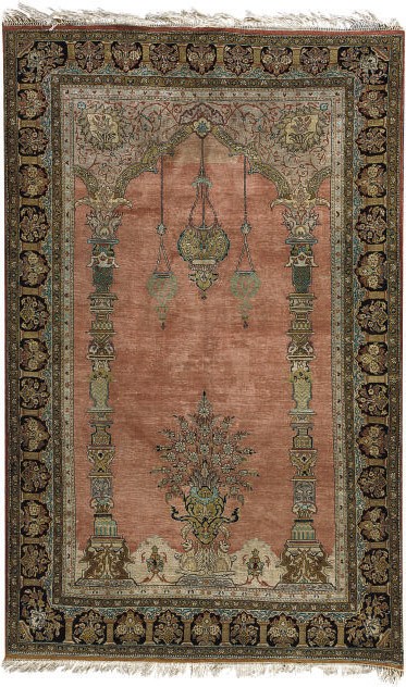 A SILK QUM PRAYER RUG,