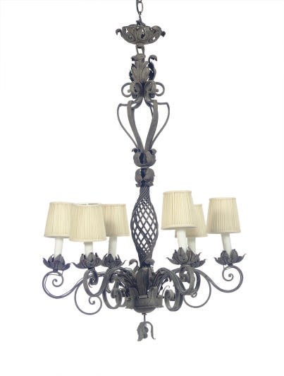 A WROUGHT IRON SIX-LIGHT CHANDELIER,