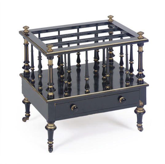 AN EBONIZED AND PARCEL-GILT CANTERBURY,