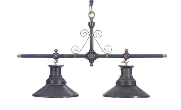 A PATINATED METAL TWO-LIGHT HANGING LANTERN,