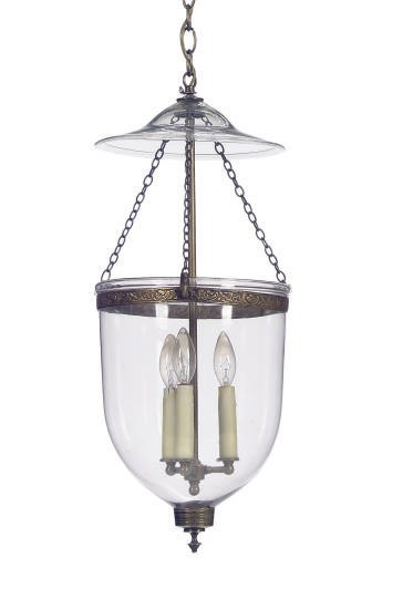 THREE GILT-METAL MOUNTED GLASS HANGING LANTERNS,