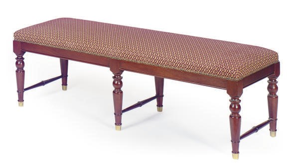 A MAHOGANY AND UPHOLSTERED BENCH,