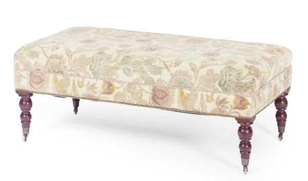 A MAHOGANY AND FLORAL CUT-VELVET UPHOLSTERED BENCH,