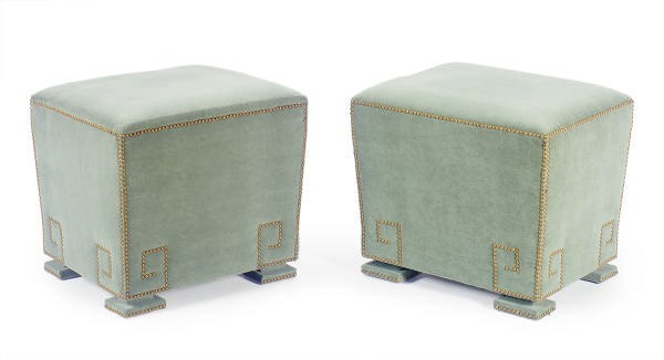 A PAIR OF LIGHT BLUE VELVET UPHOLSTERED OTTOMANS,