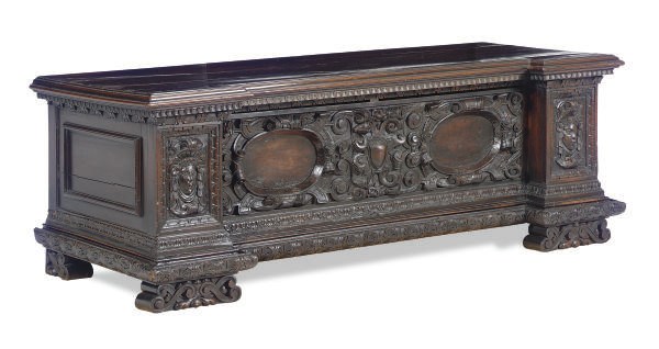 A CONTINENTAL WALNUT AND STAINED BEECHWOOD COFFER,