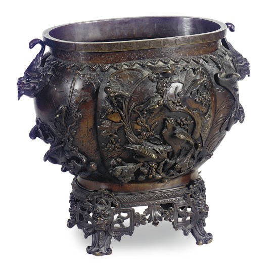 A CHINESE PATINATED BRONZE JARDINIERE,